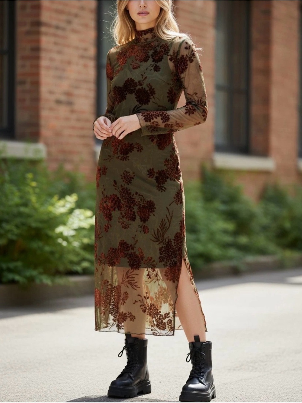 Disturbia Olive Green Sheer Maxi Dress with Burgundy Floral Burnout and mesh new